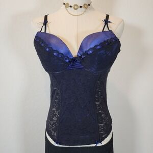 Per Lei Black Lace Bustier Corset‎ Lingerie Top, Dark Blue, Size L